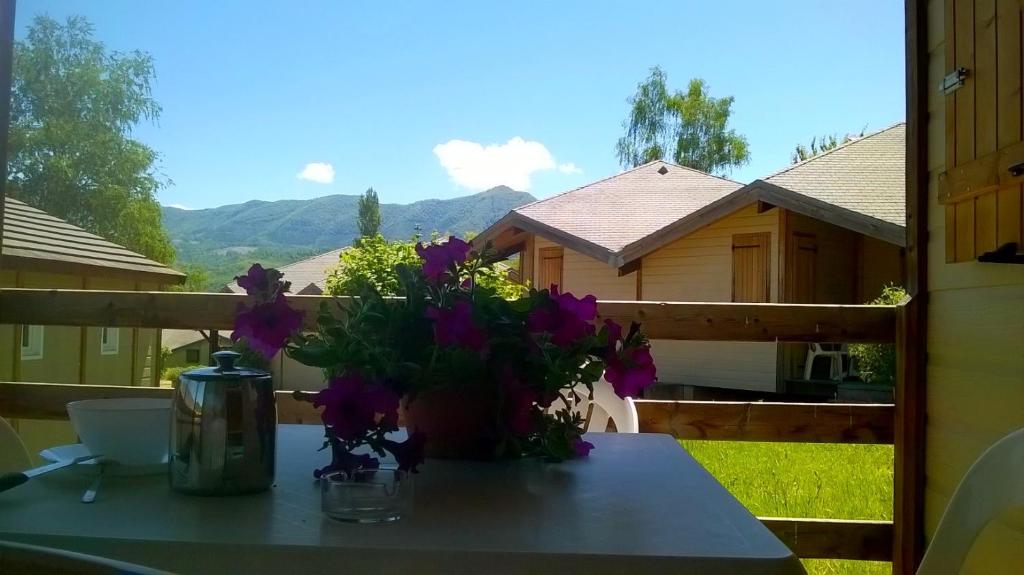 a table with purple flowers on top of a balcony at Village de Vacances Les 4 Chemins in Soueix