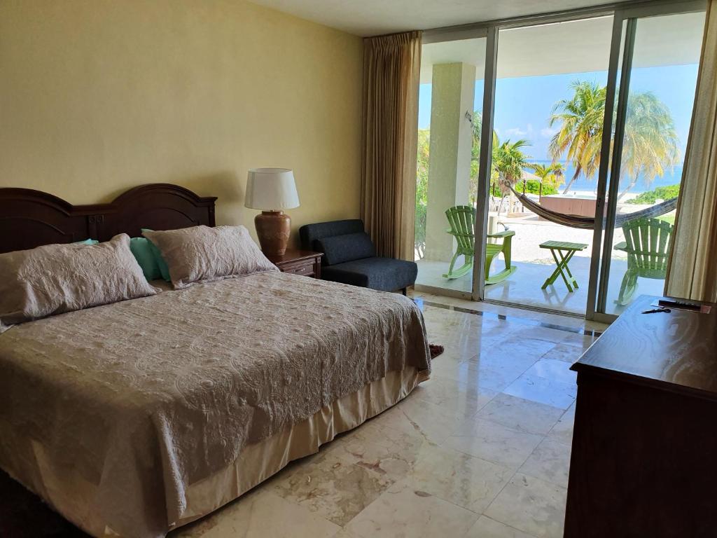 a bedroom with a bed and a view of the ocean at Puerta del Mar Cozumel in Banco Playa