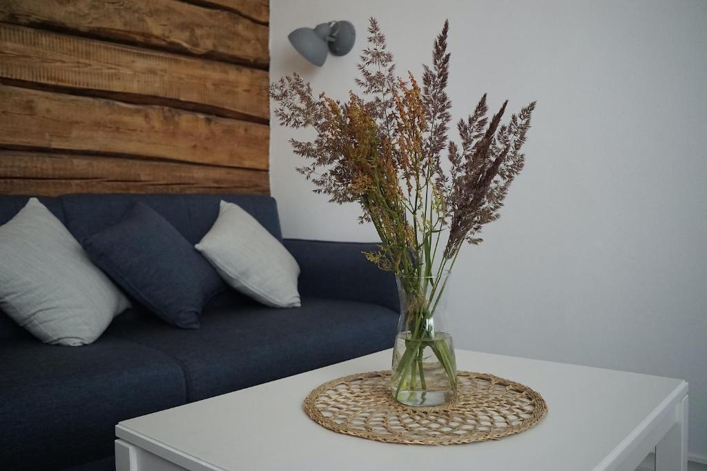 um vaso de flores numa mesa ao lado de um sofá em Aiaviisa apartment em Pärnu