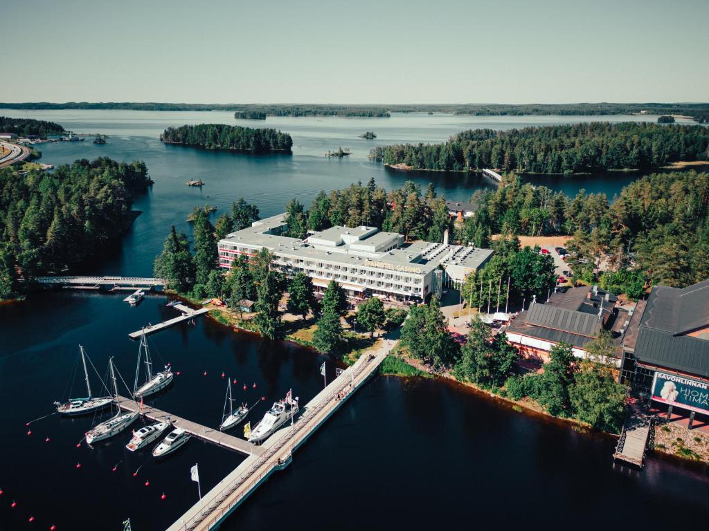 an aerial view of a marina with boats in the water at Spahotel Casino in Savonlinna