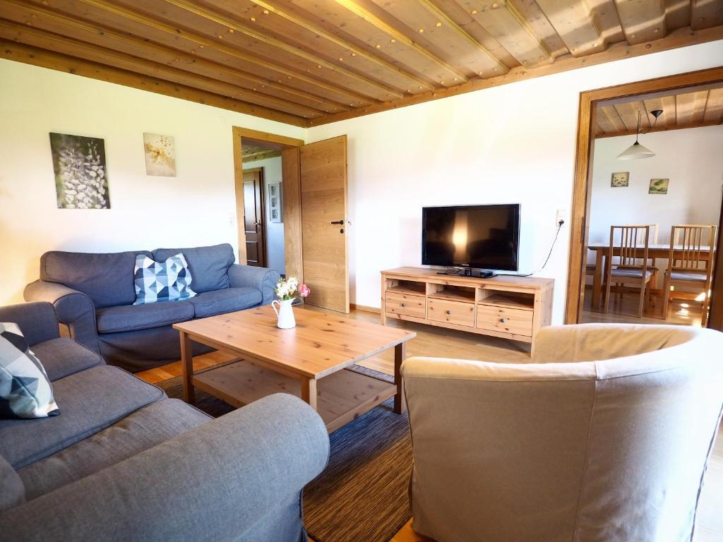 een woonkamer met twee banken en een tv bij Appartement Herzogbauer in Saalfelden am Steinernen Meer