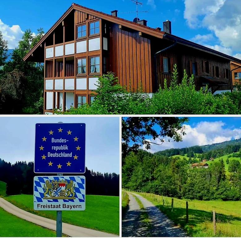 eine Collage mit zwei Bildern eines Hauses und einem Schild in der Unterkunft Landhaus Eibelesee in Oberstaufen