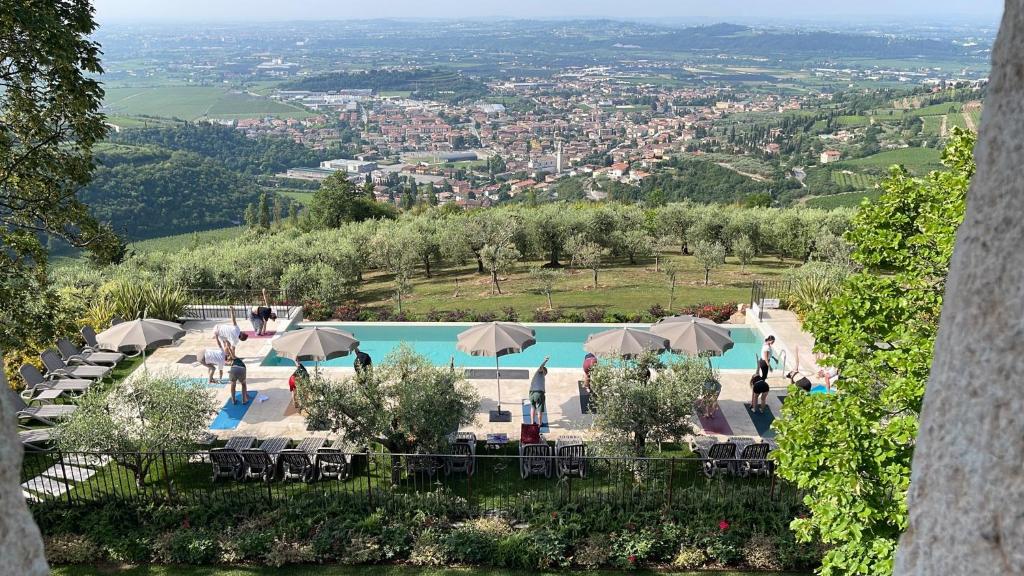 聖塔安布羅吉歐迪瓦波利切拉的住宿－Il Biotto，享有带椅子和遮阳伞的游泳池的景色