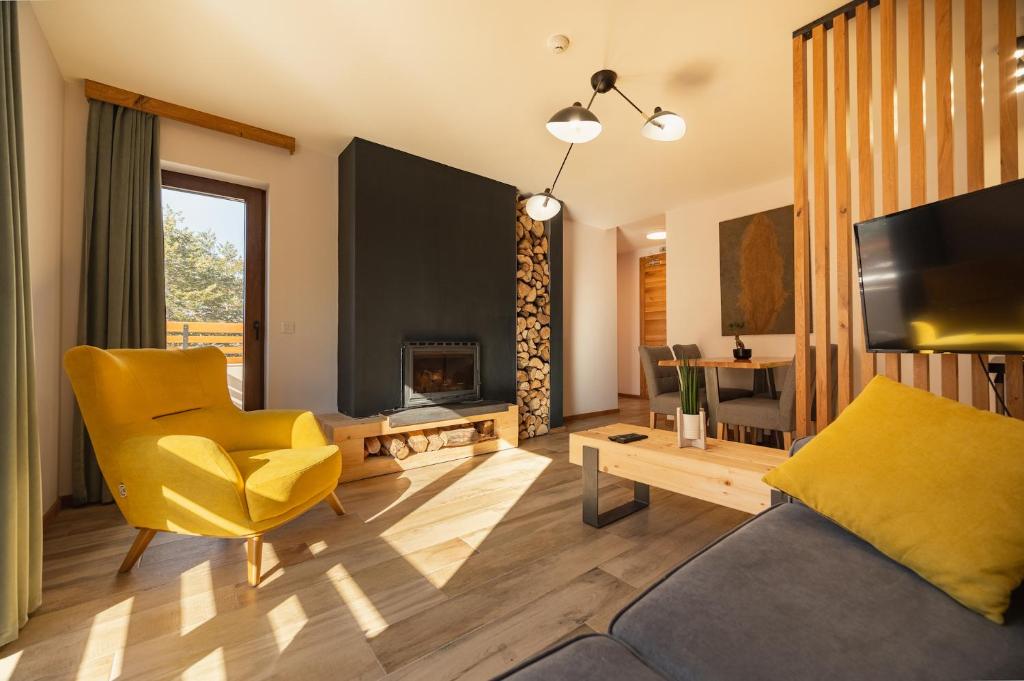 a living room with a couch and a fireplace at Maglian Campus in Divčibare