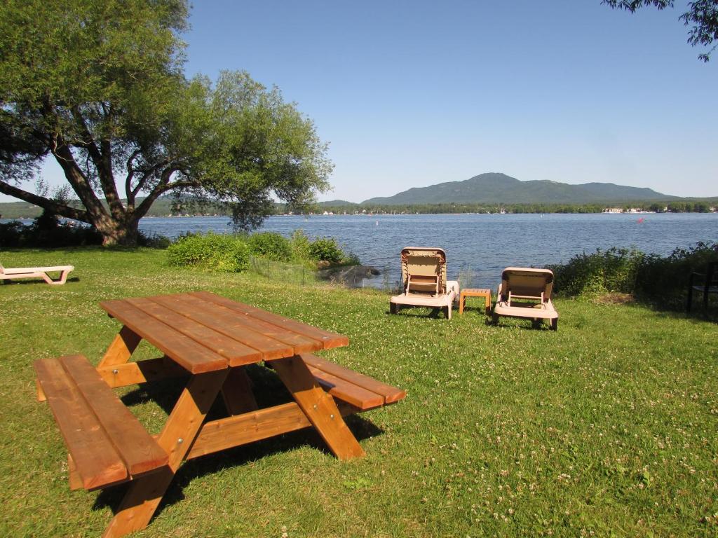 ein Picknicktisch und zwei Stühle neben einem See in der Unterkunft Superbe condo bord de l'eau à Magog in Magog-Orford