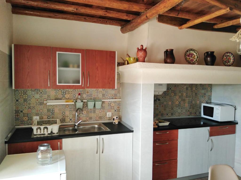 a kitchen with a sink and a microwave at Casa Janeiro Alentejo in Portalegre