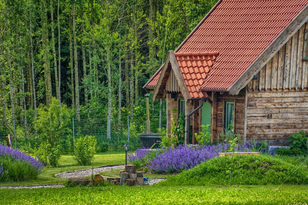 a log cabin in the middle of a garden at Zielone Ławki in Ryn