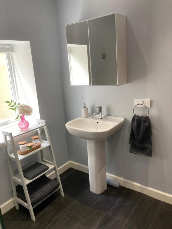 a bathroom with a sink and a mirror and a shelf at Edgemont Annexe Oban in Oban