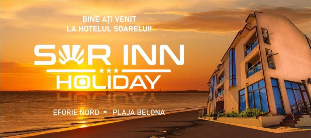 un poster de un hotel en la playa con las palabras "surv inn holiday" en Sor Inn Holiday, en Eforie Nord
