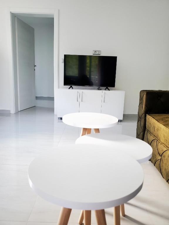 a living room with a couch and a tv at Villa Koki in Ohrid