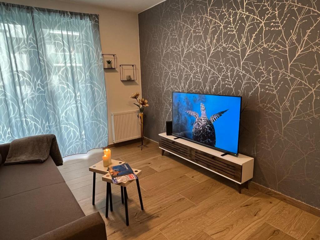 een woonkamer met een grote flatscreen-tv bij Apartmán U Pelikána in Olomouc