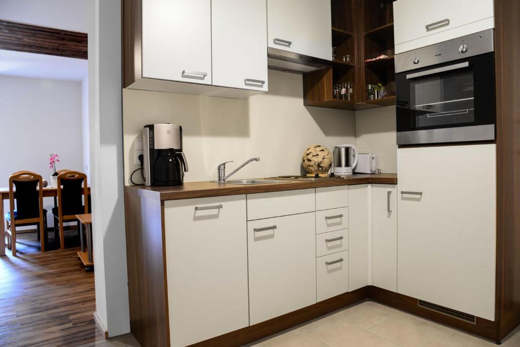 Kuchyň nebo kuchyňský kout v ubytování Steinergut Apartments