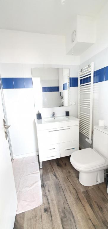 a white bathroom with a toilet and a sink at Appartement Ajaccio vue mer panoramique in Ajaccio
