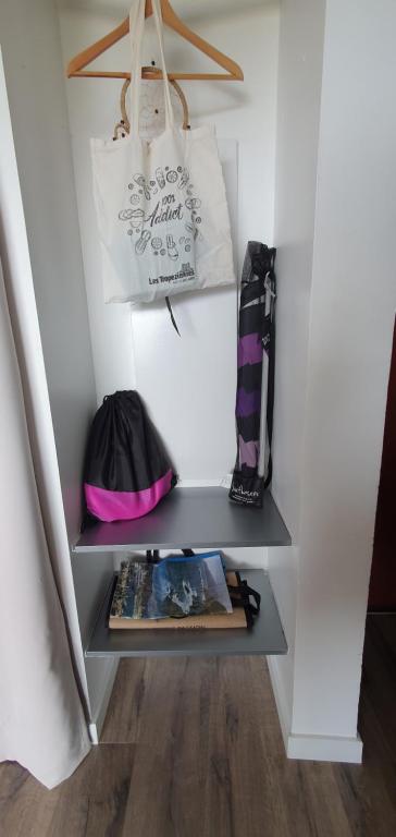a shelf in a room with two bags and books at Appartement Ajaccio vue mer panoramique in Ajaccio