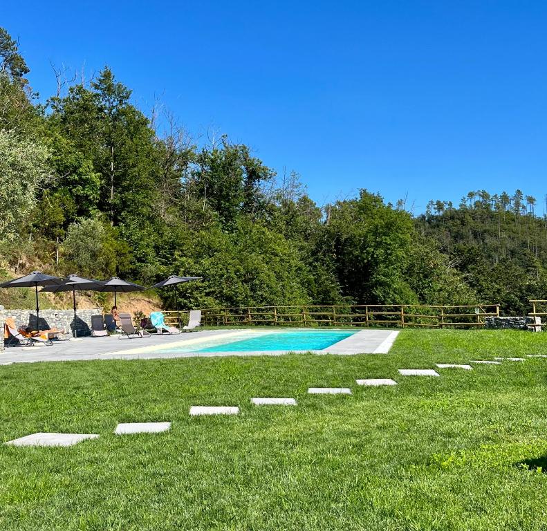 a swimming pool in the middle of a grass field at Agriturismo Terre di Ginepro in Borghetto di Vara