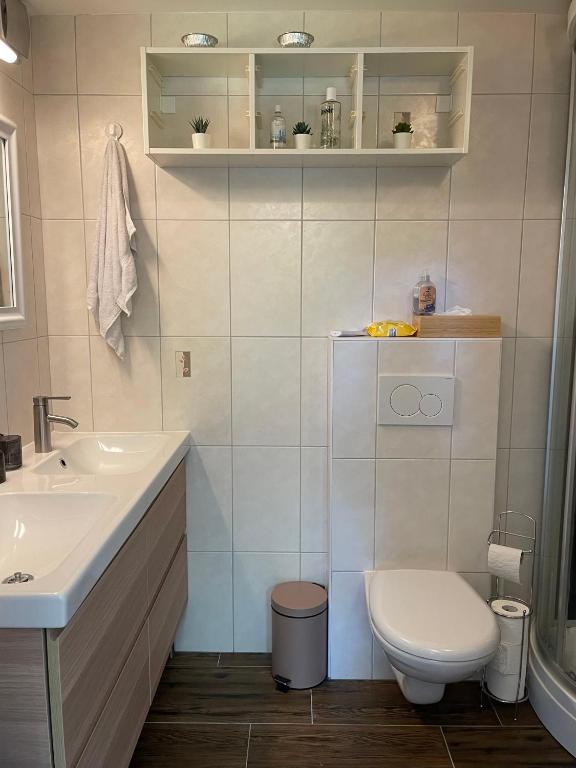 a bathroom with a toilet and a sink at Appartement 2-pieces à Verbier in Verbier