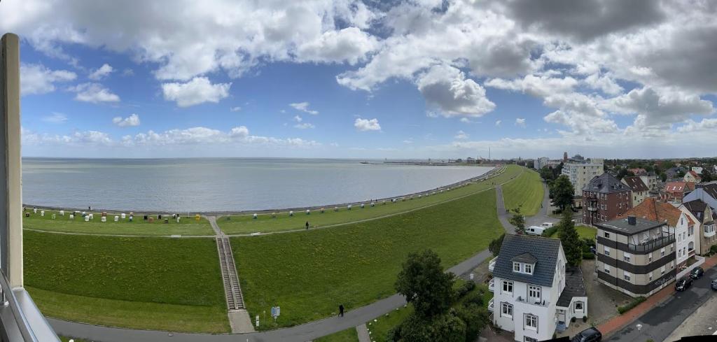 an aerial view of a city and the ocean at Haus Nautic Whg 809 Seesicht in Cuxhaven
