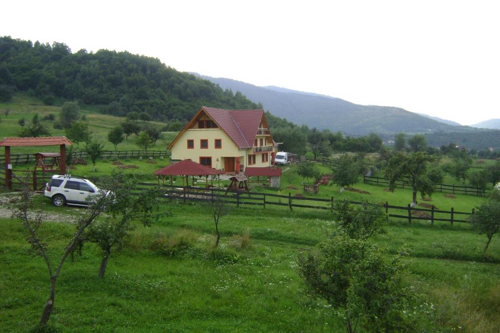 a house in a field with a car parked in front at Pensiunea Printul Vlad in Sibiel
