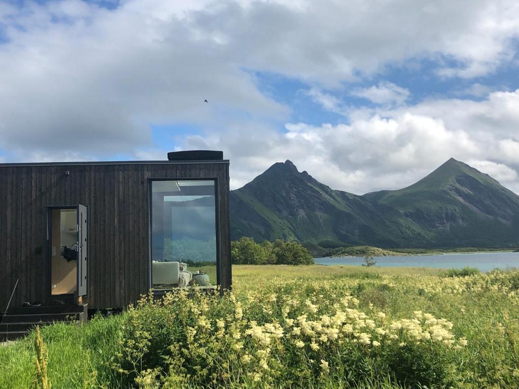 ein kleines Haus auf einem Feld mit Bergen im Hintergrund in der Unterkunft Steigen Lodge Tiny house in Steigen