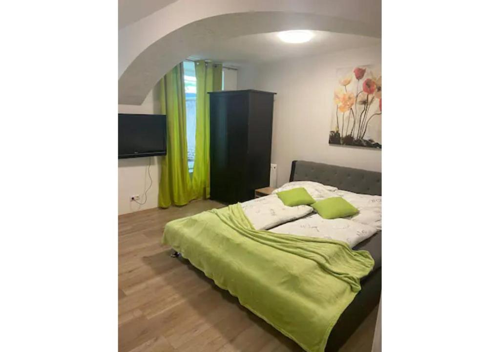 Brilliant Souterrain Apt. - Prater Amuesement Park في فيينا: غرفة نوم مع سرير مع لحاف أخضر
