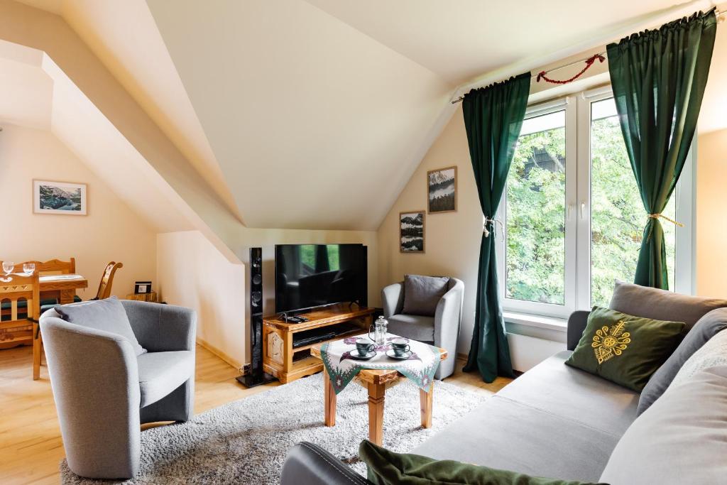Televízia a/alebo spoločenská miestnosť v ubytovaní Apartamenty Butorowy Zakopane