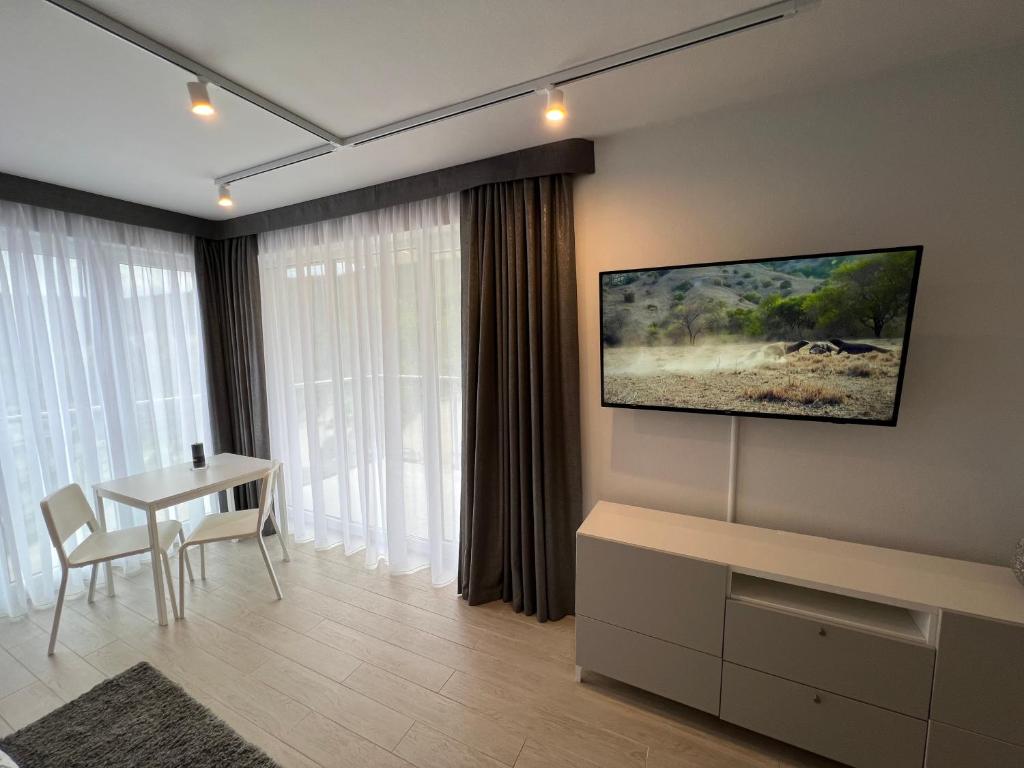 弦納的住宿－Srebrna Perła partner Apartamentów Bridge，客厅配有桌子和墙上的电视