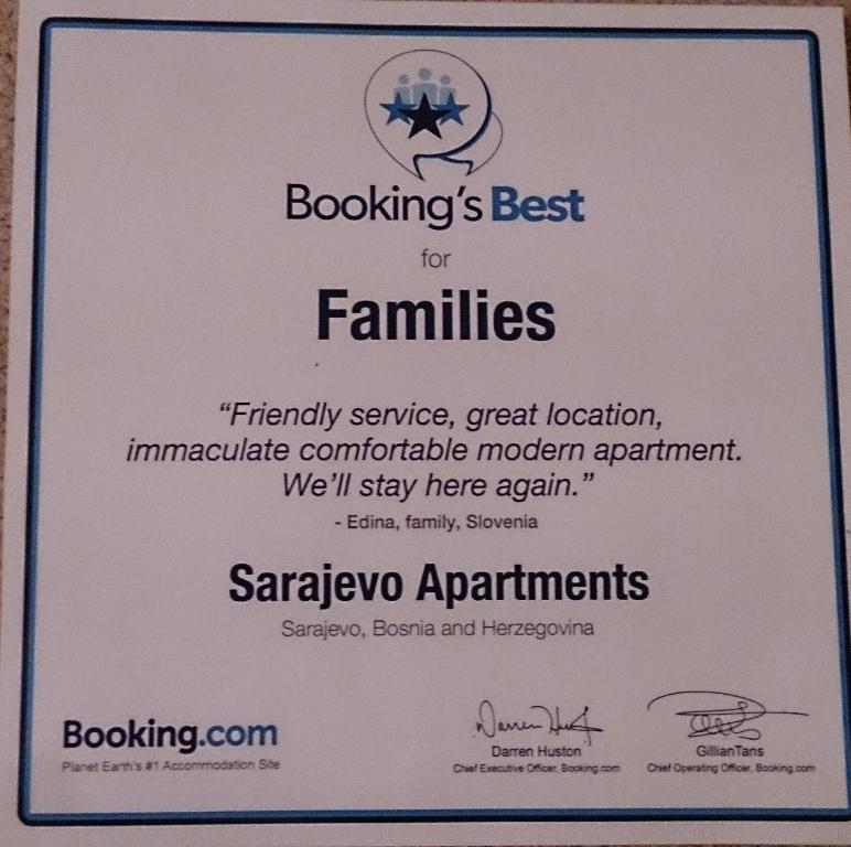Certifikát, hodnocení, plakát nebo jiný dokument vystavený v ubytování Sarajevo Apartments