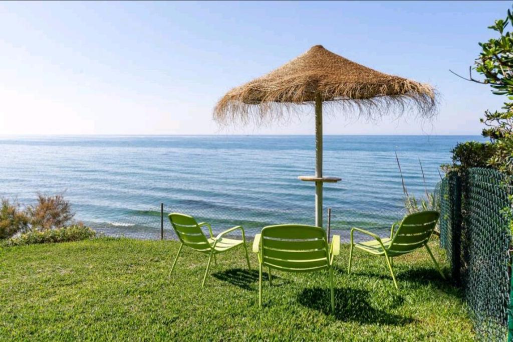 a table and chairs under a straw umbrella on the grass at Beach House in La Cala de Mijas