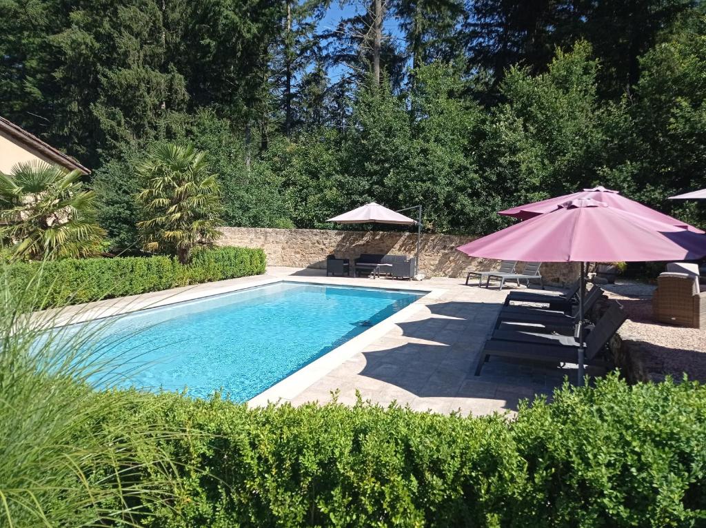 a swimming pool with an umbrella and some chairs at La Roussilhe in Sousceyrac