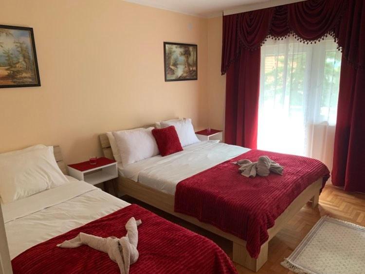 Rakari的住宿－Vila Siki，一间卧室设有两张床,床上有一只狗