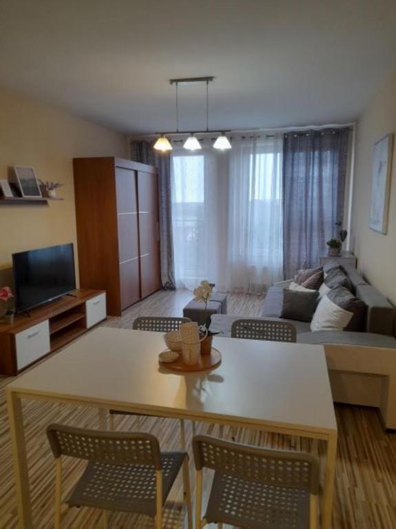 sala de estar con mesa y sofá en Apartament z Garażem blisko Lotniska, en Piaseczno