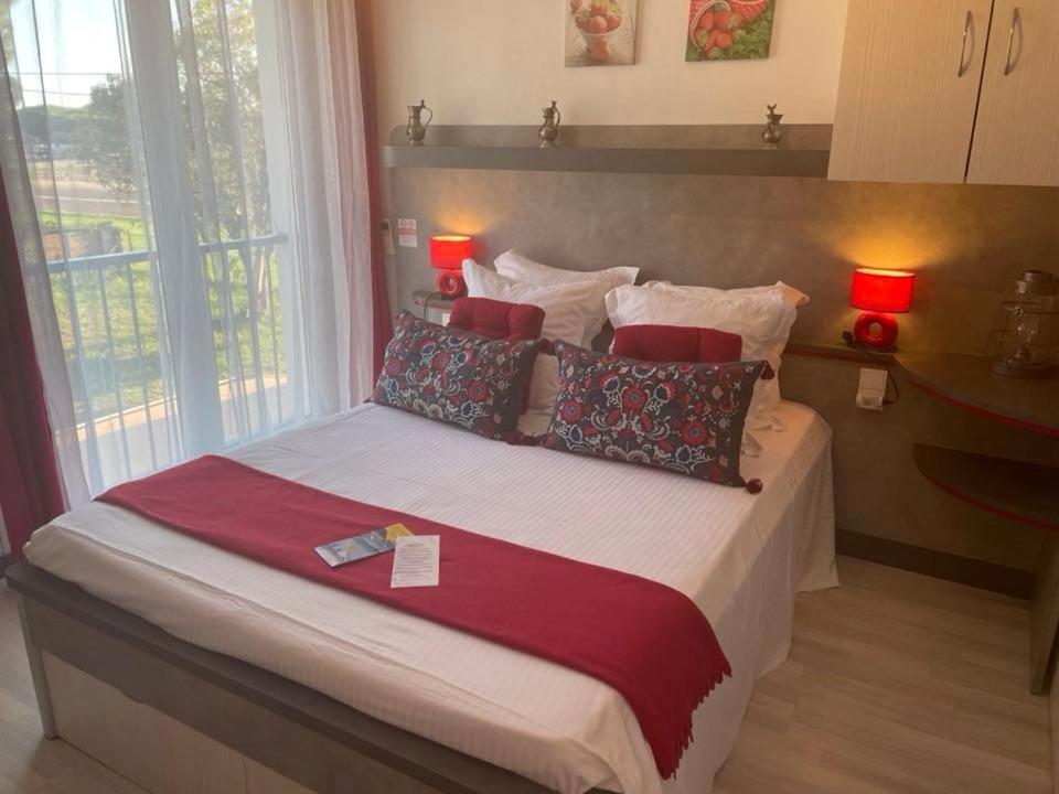 a bedroom with a large bed with pillows at Hôtel Le Méditerranée in Hyères