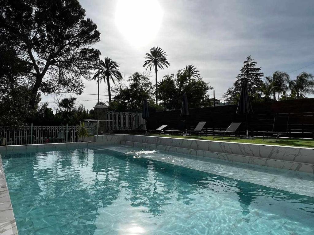a swimming pool with blue water and palm trees at Los Almendros - Free Parking in Córdoba