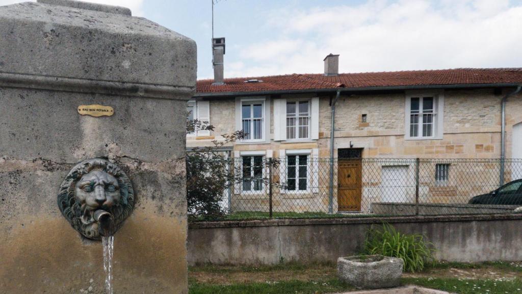 una estatua de una cara en una pared frente a una casa en Le chat Moustic en Rarécourt