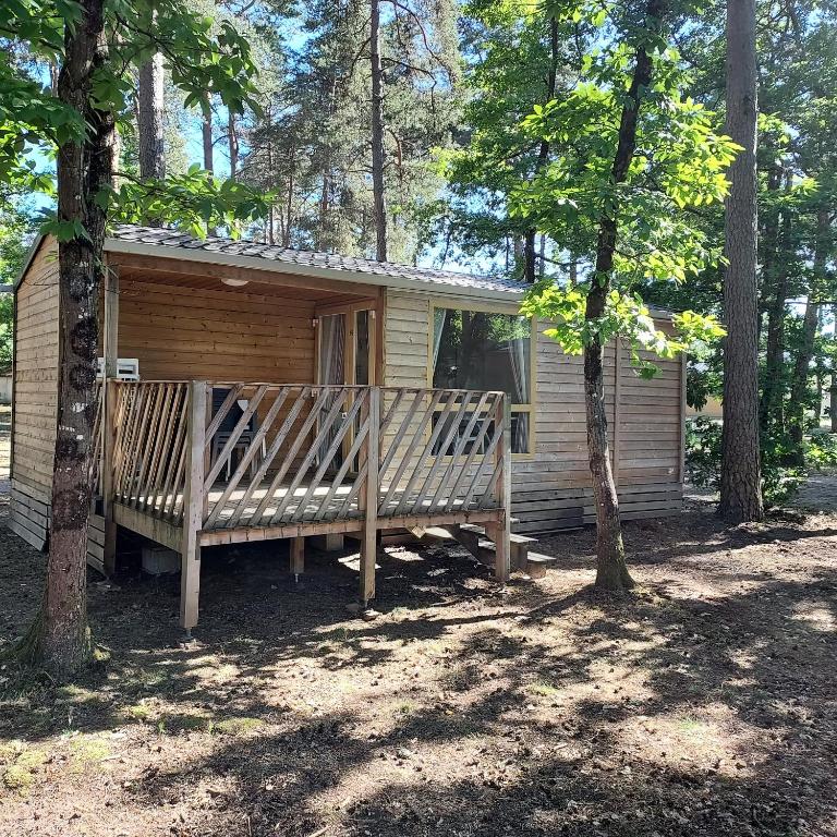 une cabane en bois avec deux bancs dans les bois dans l'établissement Camping Onlycamp Les Pins, à Nançay