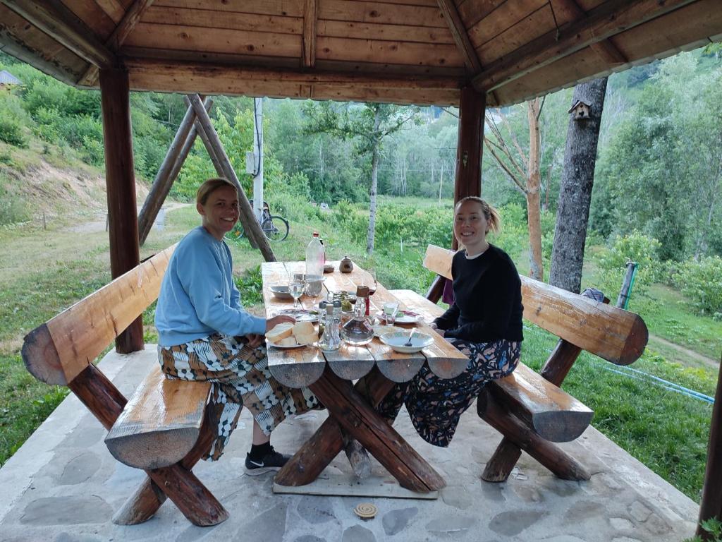 due persone sedute a un tavolo in un gazebo di Holiday bungalows Pajkovir a Kolašin