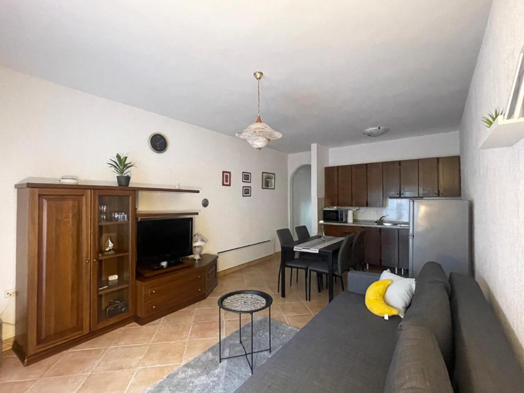 een woonkamer met een bank en een keuken bij Apartment One in Ičići