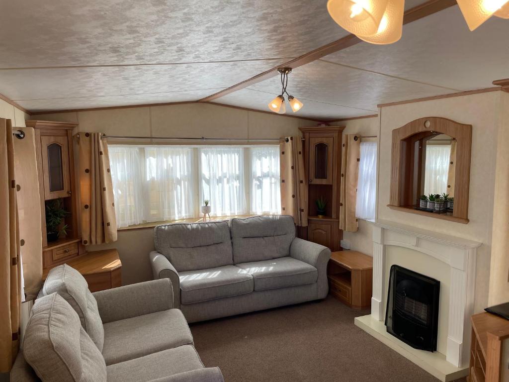 uma sala de estar com um sofá e uma lareira em Aaranmore Mobile Home em Portrush