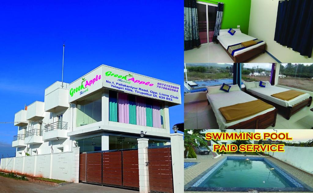 a building with a bed and a swimming pool at Green Apple Resorts in Yelagiri