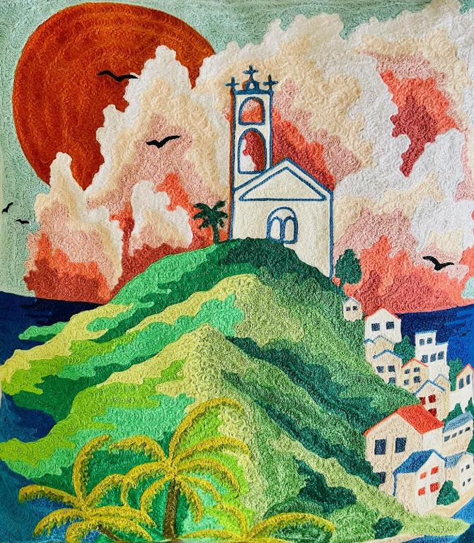 a painting of a church on top of a hill at Selene Luxury Rooms in Armenistis