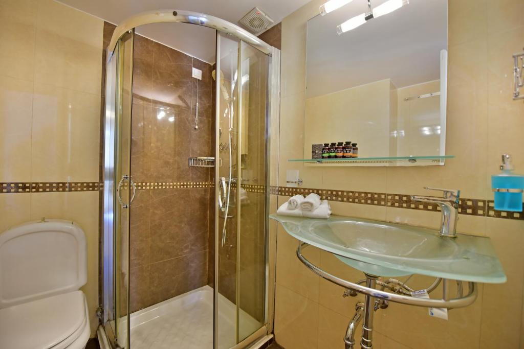 bagno con doccia, lavandino e servizi igienici di Hotel Sophia a Hydra