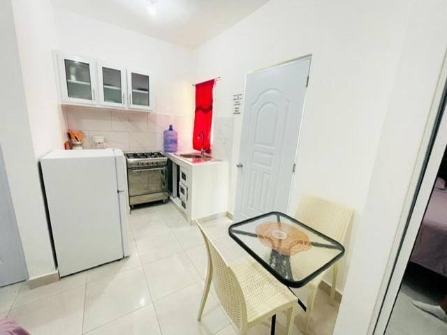 uma cozinha com uma mesa de vidro e um frigorífico em Elena Apartment 2 em Cabarete