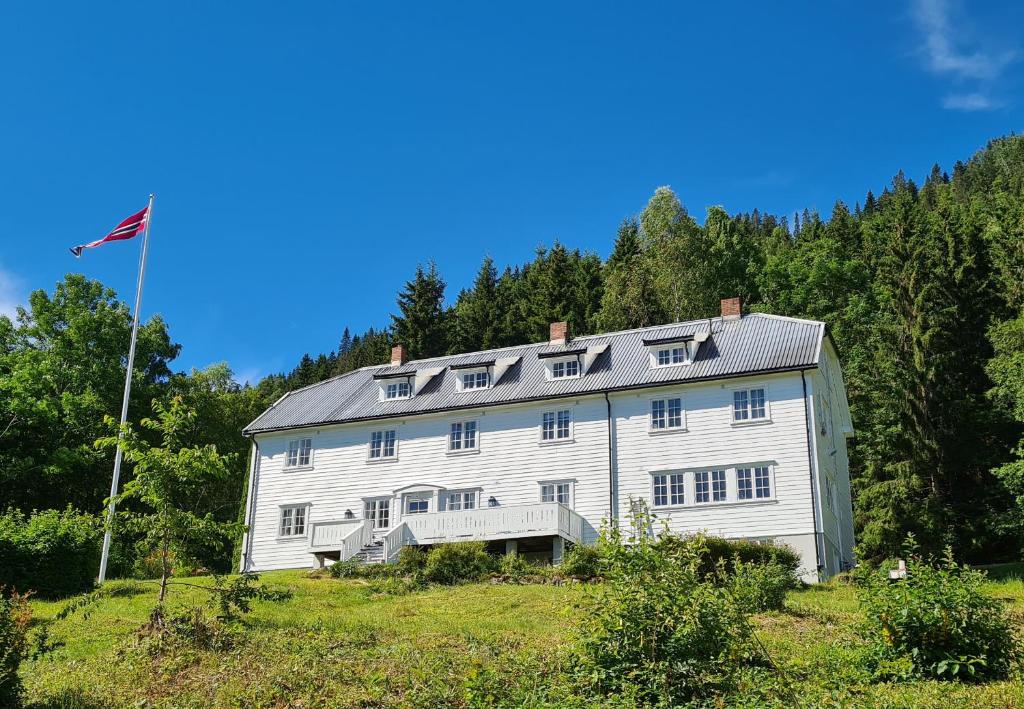 een groot wit huis op een heuvel met een vlag bij VILLA HASSELBAKKEN in Eidsvoll
