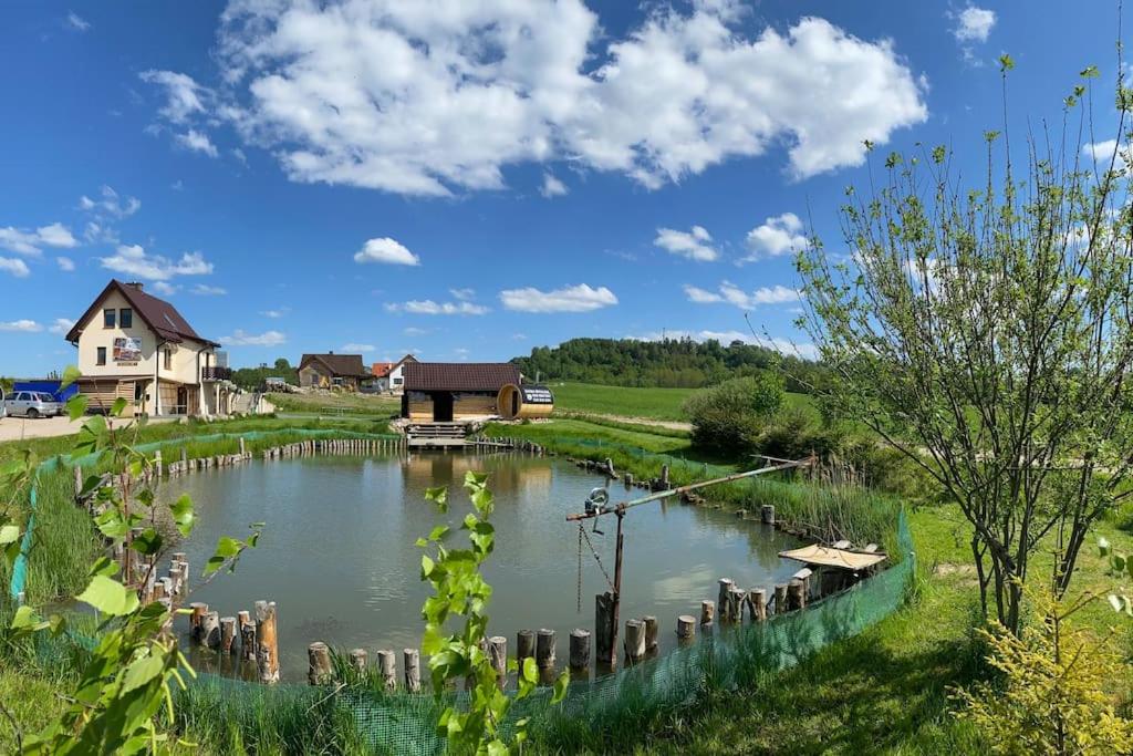 a pond in a field with a house in the background at Apartament Pod Górką Gołdap in Gołdap