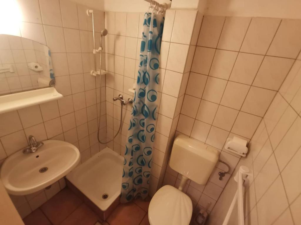 małą łazienkę z toaletą i umywalką w obiekcie Platán üdülő w mieście Balatonlelle