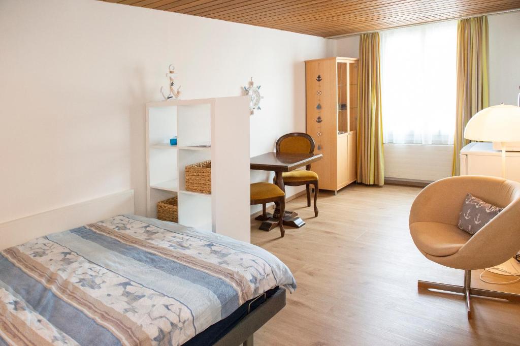 a bedroom with a bed and a desk and a chair at Neptun 2 (im Zentrum von Bad Ragaz) in Bad Ragaz