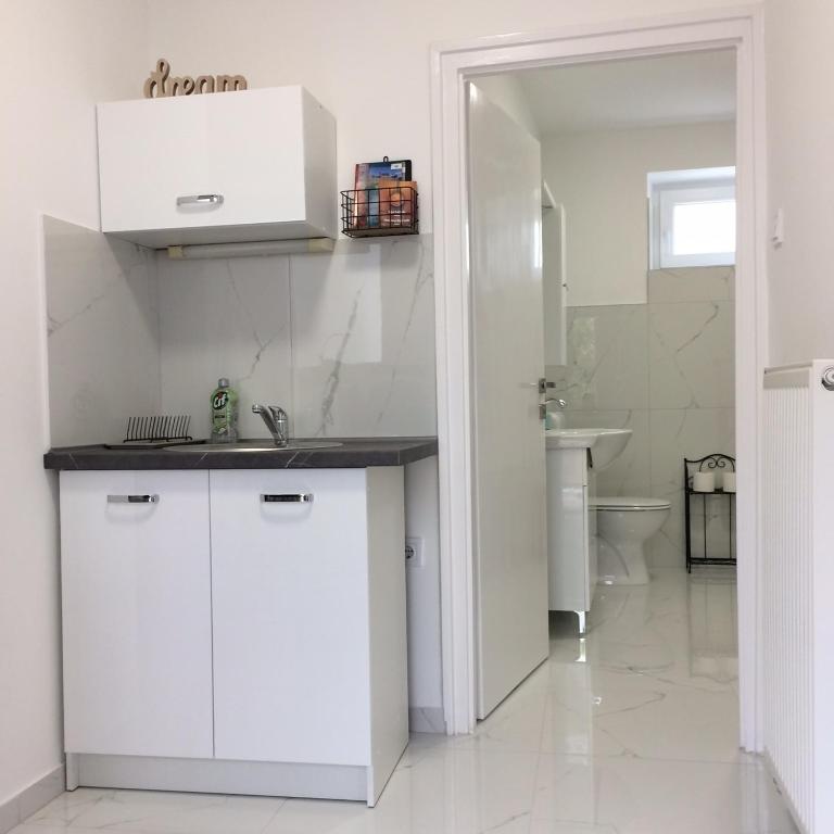 a white kitchen with a sink and a toilet at Déri Kert Apartmanház B in Baja