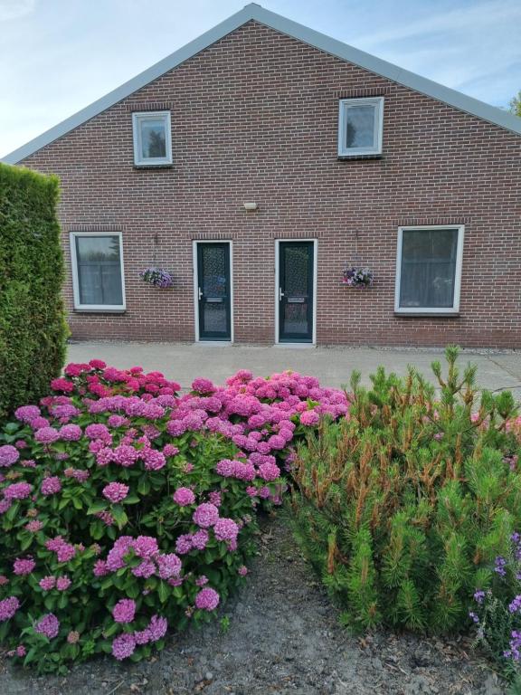 un edificio de ladrillo con flores rosas delante de él en Hemmer Hofstede, en Hem