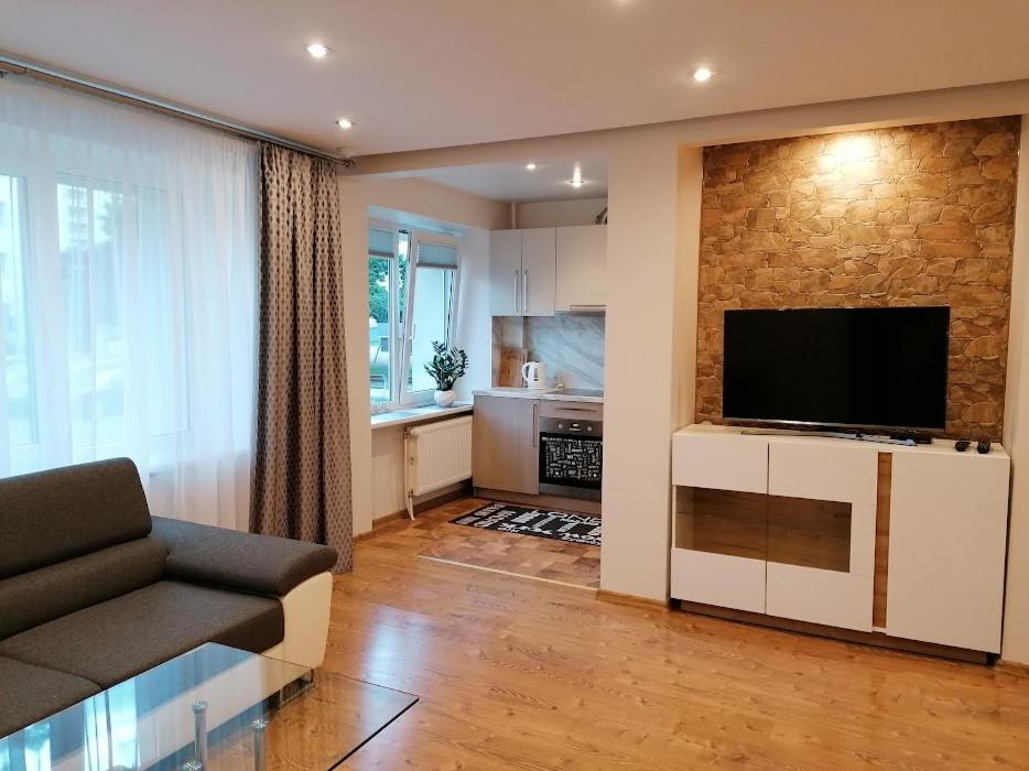 uma sala de estar com um sofá e uma televisão de ecrã plano em Centro apartamentai em Zarasai