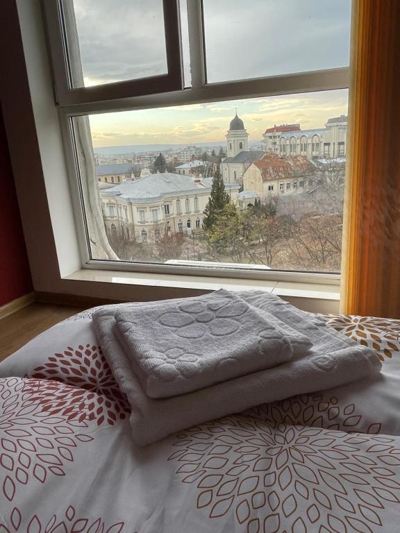 a bed in front of a window with a view at Apartament SweetHome Piața Unirii in Iaşi